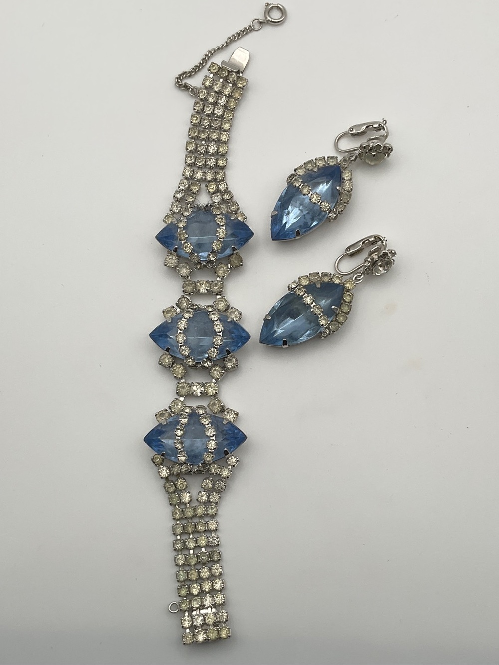 Vintage 1950’s Blue Crystal Bracelet and Clip-On Earrings Set